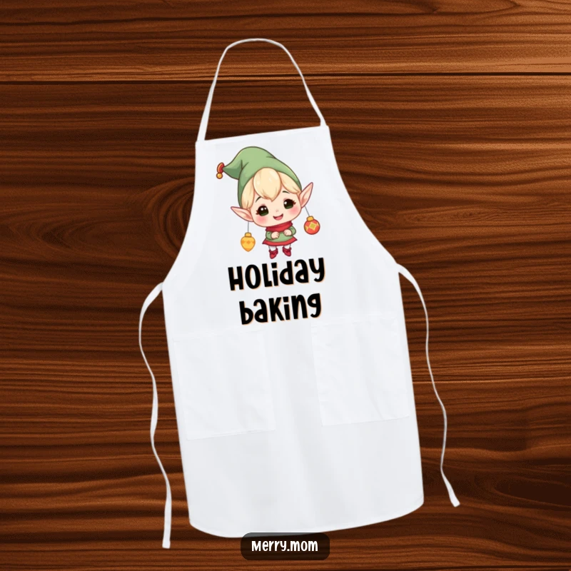 Funny apron depicting a cheerful elf character with pointy ears, gleefully hanging festive ornaments, ready for holiday decorating.