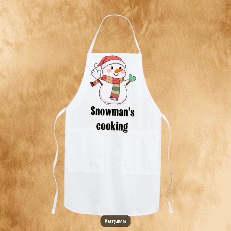 Funny apron depicting a happy snowman character with a festive scarf, giving a jolly wave, ready for winter cooking and cheer.