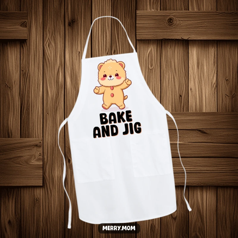 Funny apron with a fluffy animal dressed as a gingerbread man, doing a jig, perfect for holiday cooking.