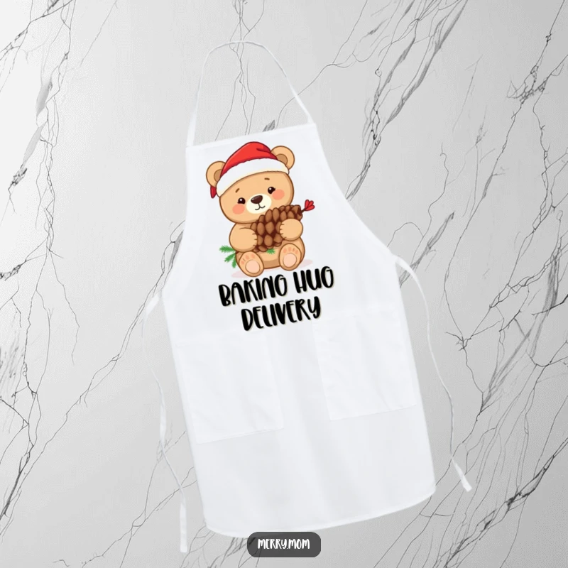 Funny apron showcasing a bear in a Santa hat hugging a pine cone, ideal for festive kitchen activities.