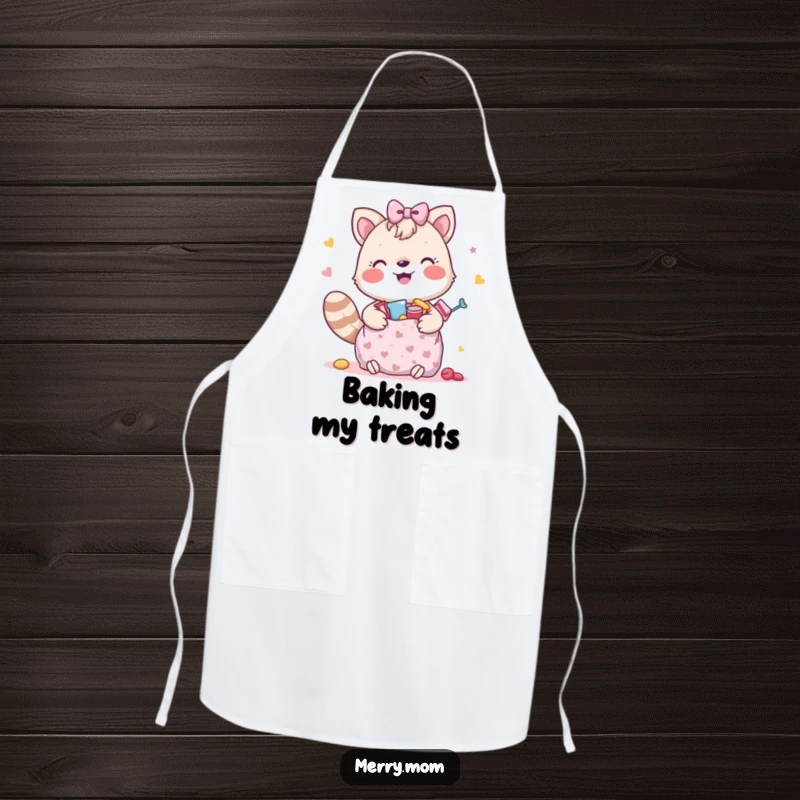 Funny apron design with a happy animal carrying a gift bag packed with treats, ideal for bakers.