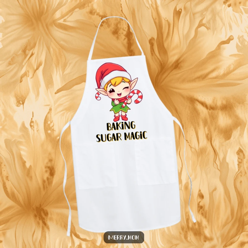 Funny apron showing a merry elf winking as he gifts a candy cane, ideal for holiday cooking.