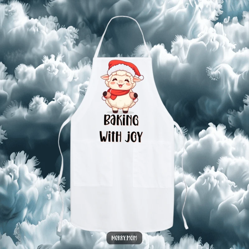 Funny apron featuring a fluffy sheep dressed as Mrs. Claus, beaming with holiday cheer for the kitchen.