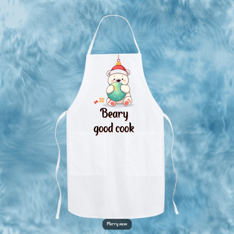 Funny kawaii polar bear giving a gentle hug to a large Christmas ornament, featured on a festive and humorous apron.