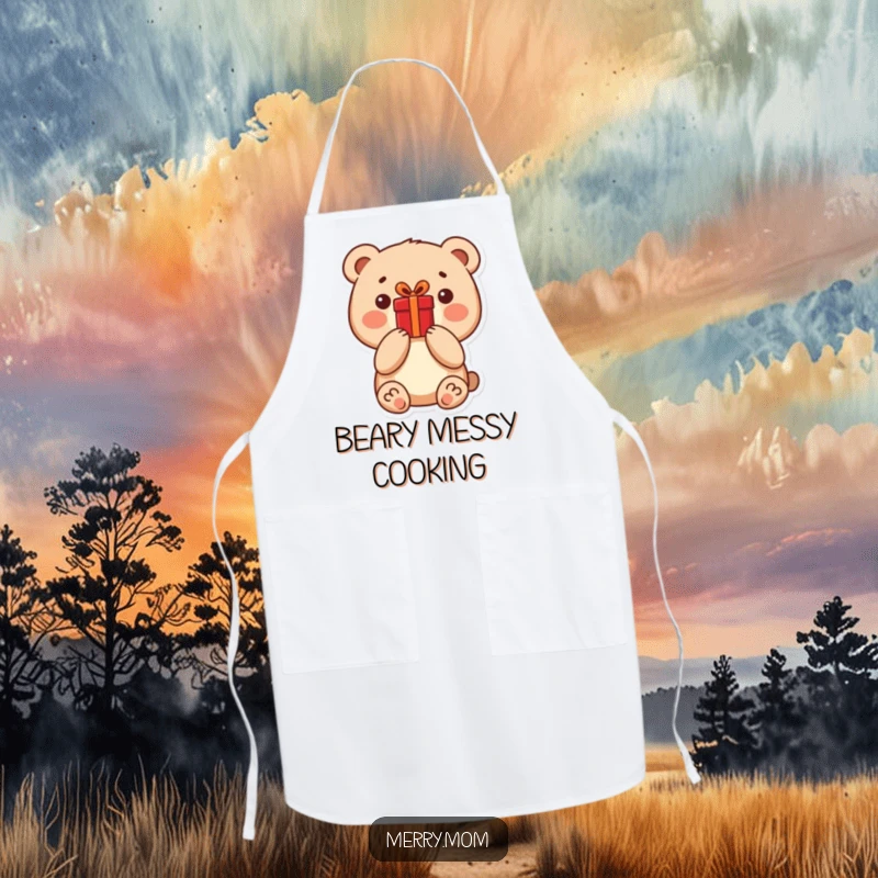Funny little bear holding a bright red present, on a cute apron, perfect for chefs and home bakers.