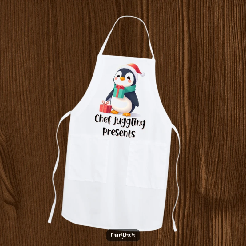 Funny Christmas apron featuring a cheerful penguin in a tiny Santa suit, balancing gifts on its nose, great for festive cooking.