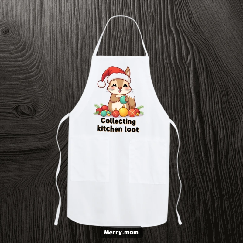 Funny apron depicting a kawaii squirrel in a Santa hat, busily hoarding shiny Christmas ornaments for festive baking.