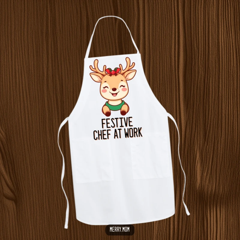 Funny kitchen apron showing a kawaii deer mom wearing holiday antlers, ready to cook with a bright and cheerful expression.
