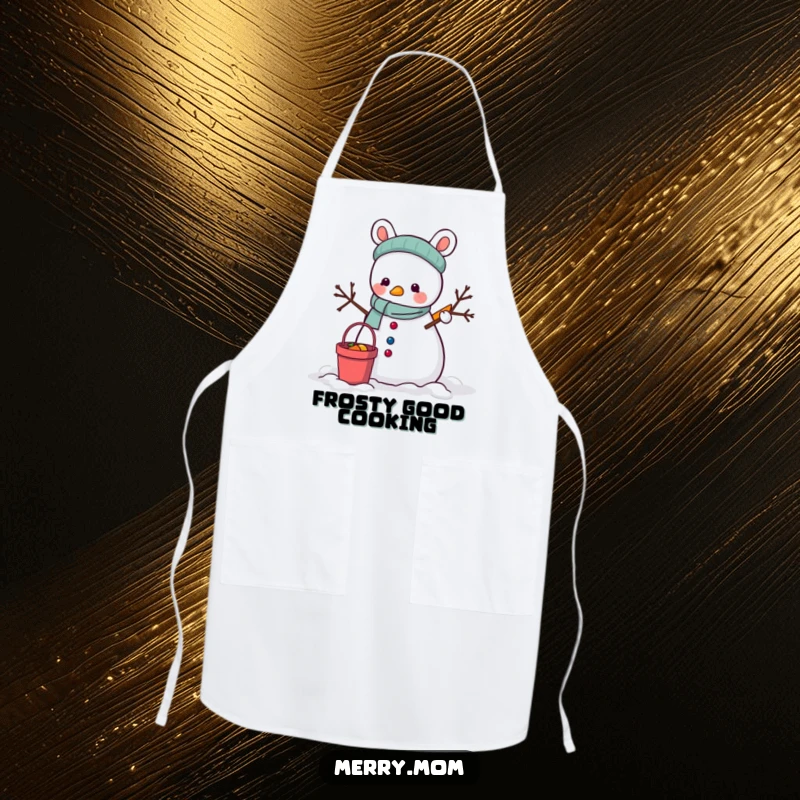 Funny Apron: An animal using a bucket and carrot to build a snowman, designed for winter kitchen fun.
