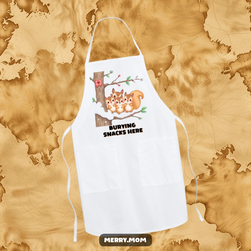 Funny kitchen apron with a kawaii squirrel family peeking from a snowy branch, perfect for winter cooking.