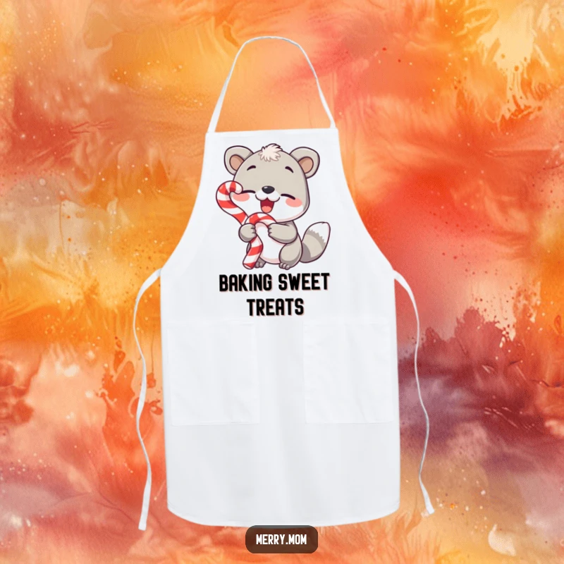 Funny apron, animal holding a candy cane and winking, festive kitchen wear, humorous design.