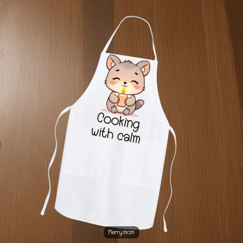 Funny apron, animal holding a glowing candle with a peaceful expression, serene kitchen wear.