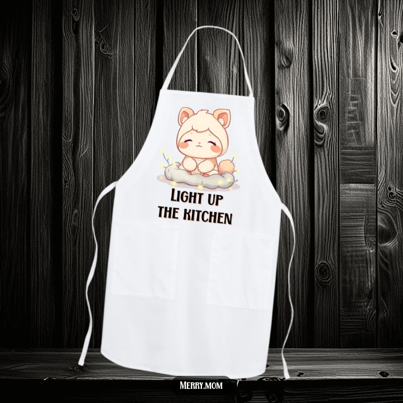 Funny kitchen apron with a cute creature expressing a contented sigh, nestled amongst twinkling fairy lights, perfect for peaceful cooking.