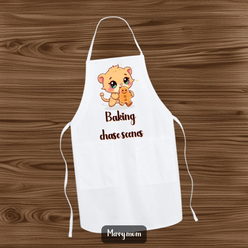 Funny kitchen apron with a cute creature sporting sparkling eyes, chasing a mischievous gingerbread cookie, perfect for baking fun.