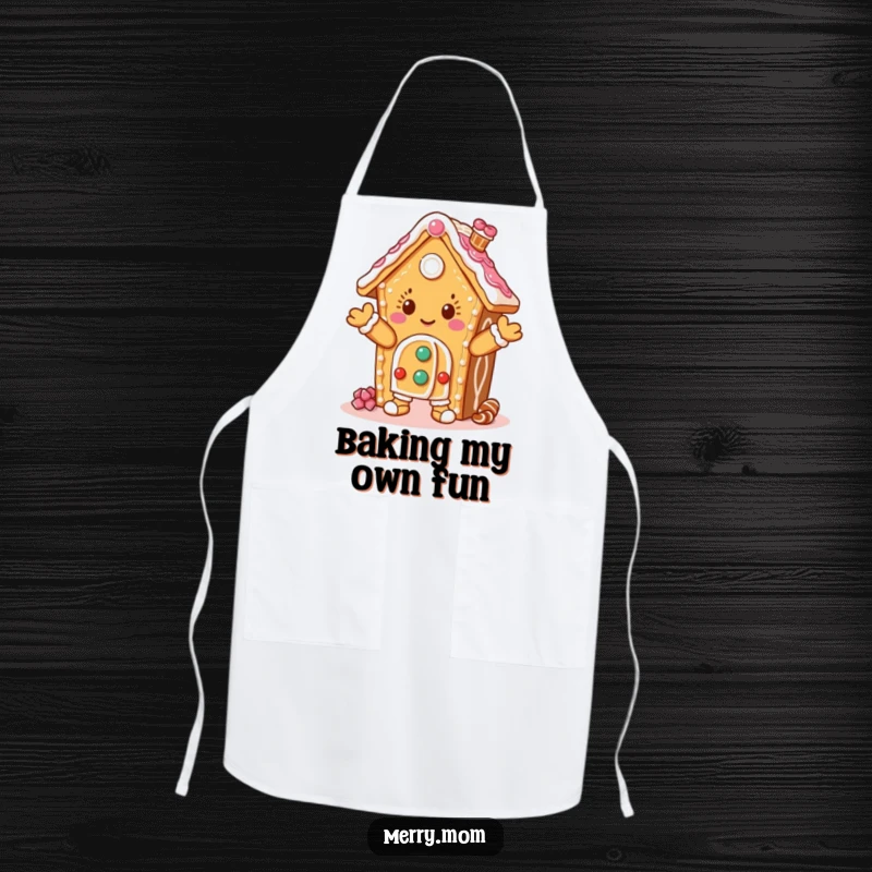 Funny apron with a dancing gingerbread house character, perfect for kitchen use and adding humor to cooking.