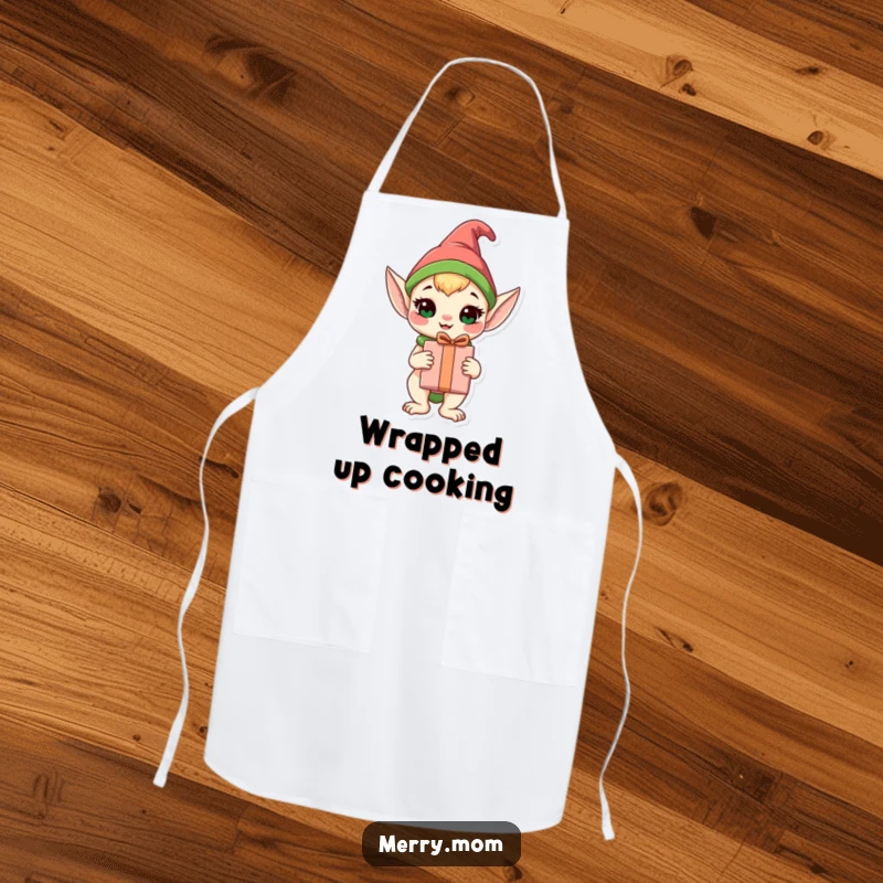 Funny Elf Animal Apron featuring a happy elf animal holding a wrapped gift, perfect for holiday baking and cooking.
