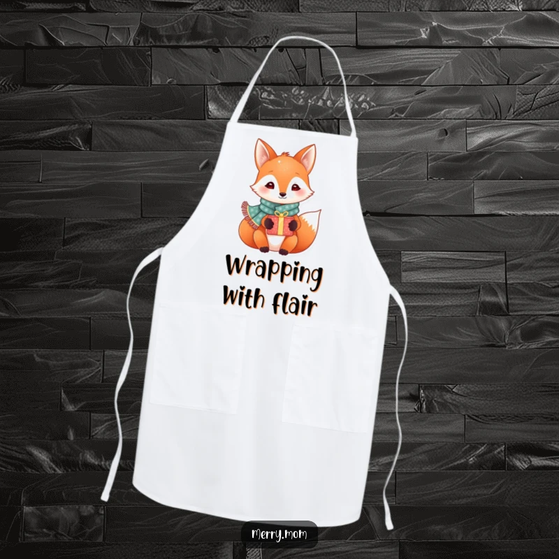 Funny festive fox wearing a sparkly scarf and holding a gift box, ready to cook, hilarious apron for kitchen.