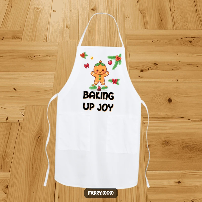 Funny apron featuring a cheerful gingerbread man character decorating a festive Christmas tree, perfect for holiday baking.