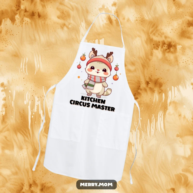 Funny apron with a creature wearing a scarf, juggling tiny ornaments, perfect for holiday baking and cooking.