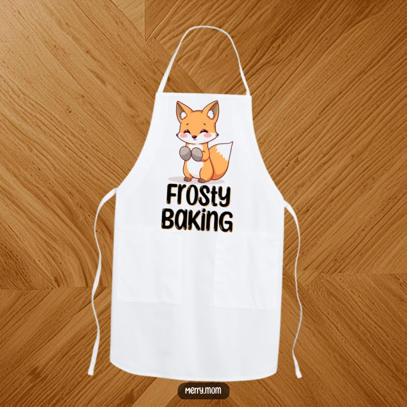 Funny Kawaii Fox Apron, perfect for winter baking, wearing mittens and shaking snowflakes from its tail with playful flair.