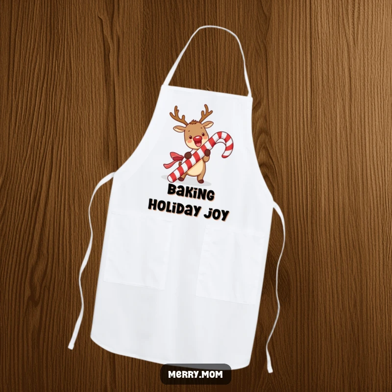 Funny kawaii reindeer apron with a cute reindeer excitedly unwrapping a giant candy cane, perfect for festive culinary tasks.