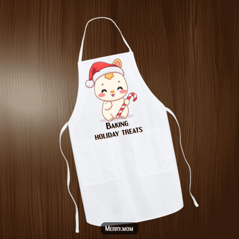 Funny apron featuring a cheerful animal wearing a Santa hat and holding a candy cane, perfect for holiday baking.