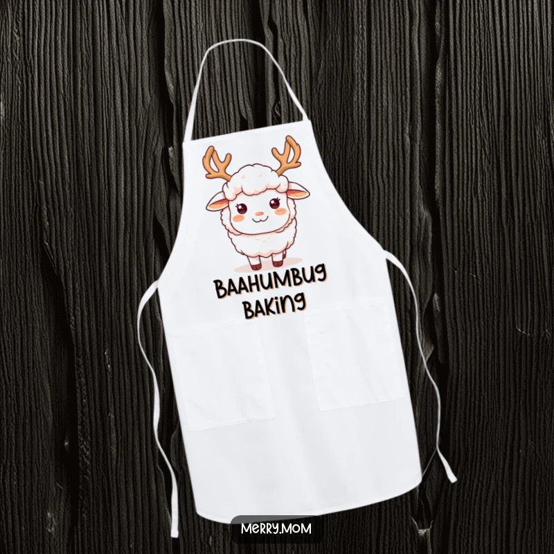 Funny fluffy sheep wearing reindeer antlers and a big smile, protecting your clothes with kitchen humor on an apron.