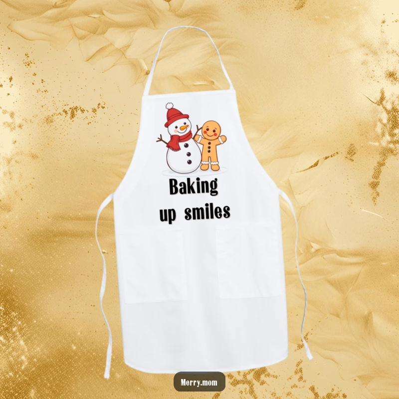 Funny Christmas apron featuring a jolly snowman and a waving gingerbread man, ideal for festive kitchen activities.