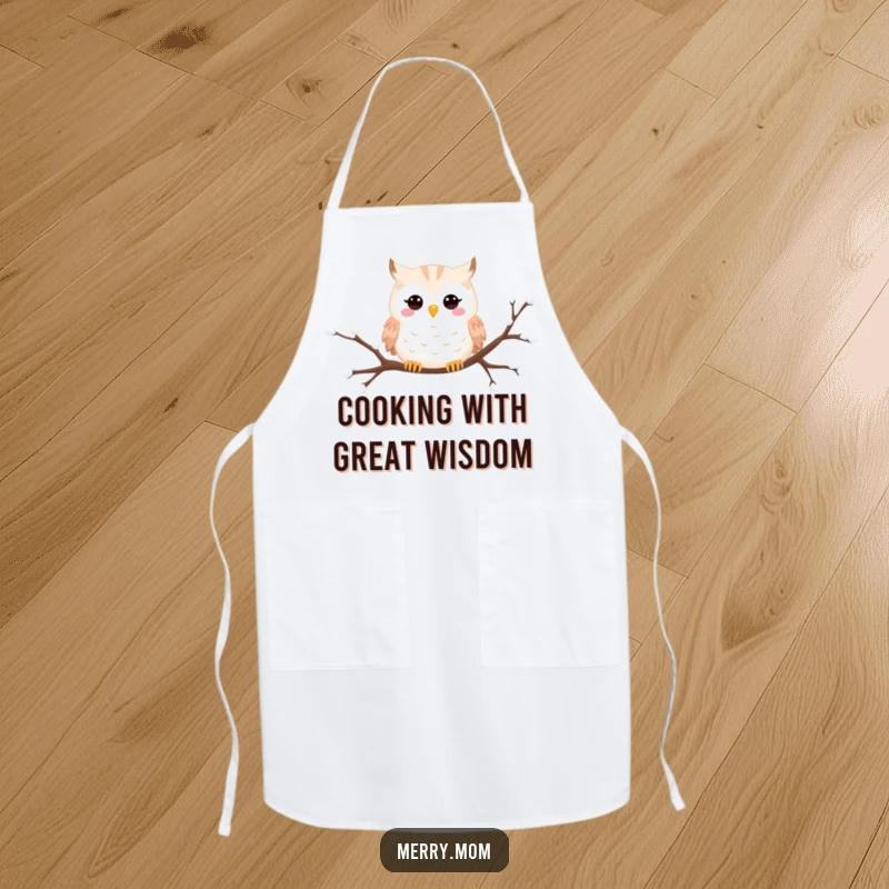 Funny Snowy Owl apron featuring a happy owl peeking from a snowy branch, perfect for winter cooking.