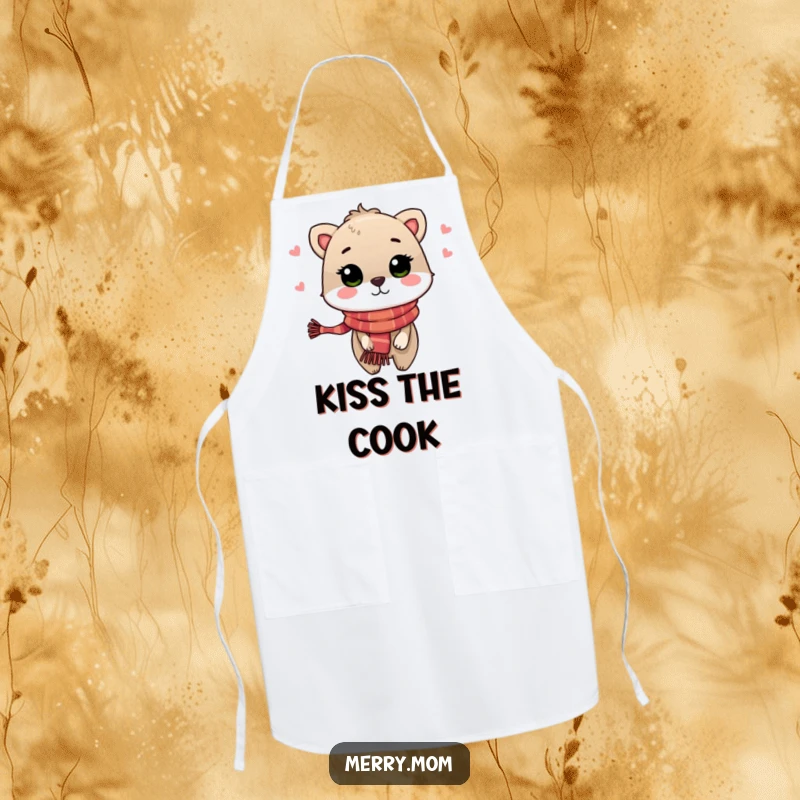 Festive Animal Kiss Apron, illustrating an animal in a scarf blowing a kiss, ideal for holiday baking.