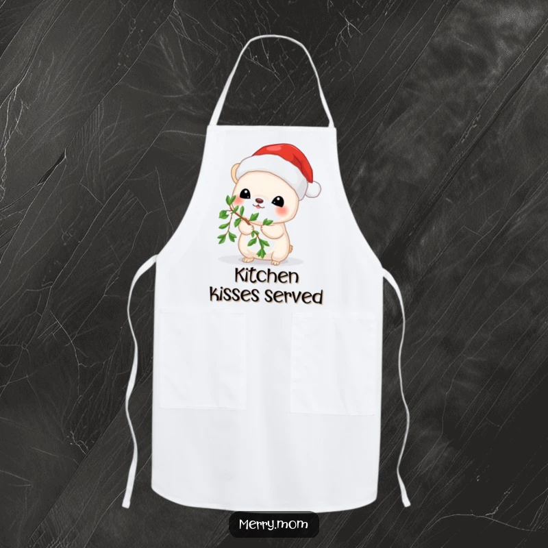 Funny apron with a happy animal wearing a Santa hat and holding mistletoe, ready for festive cooking.