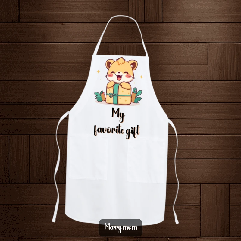 Happy Animal Gift Apron, illustrating an excited animal unwrapping a present with great joy, ideal for parties.
