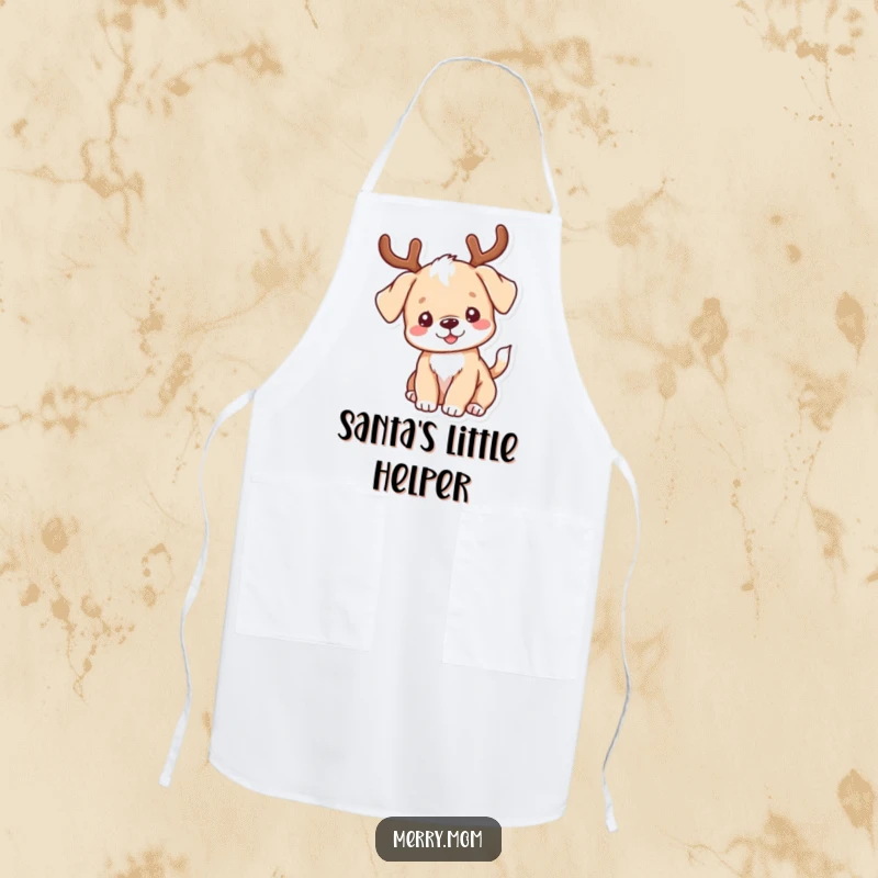 Funny kawaii puppy wearing antlers and wagging its tail on a festive apron, adding humor to cooking.