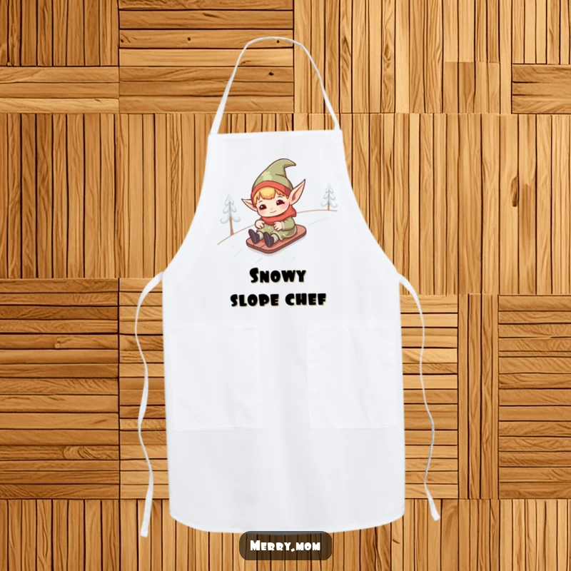 Funny kawaii elf with pointed ears ready for kitchen fun, sliding into the role of a humorous apron.