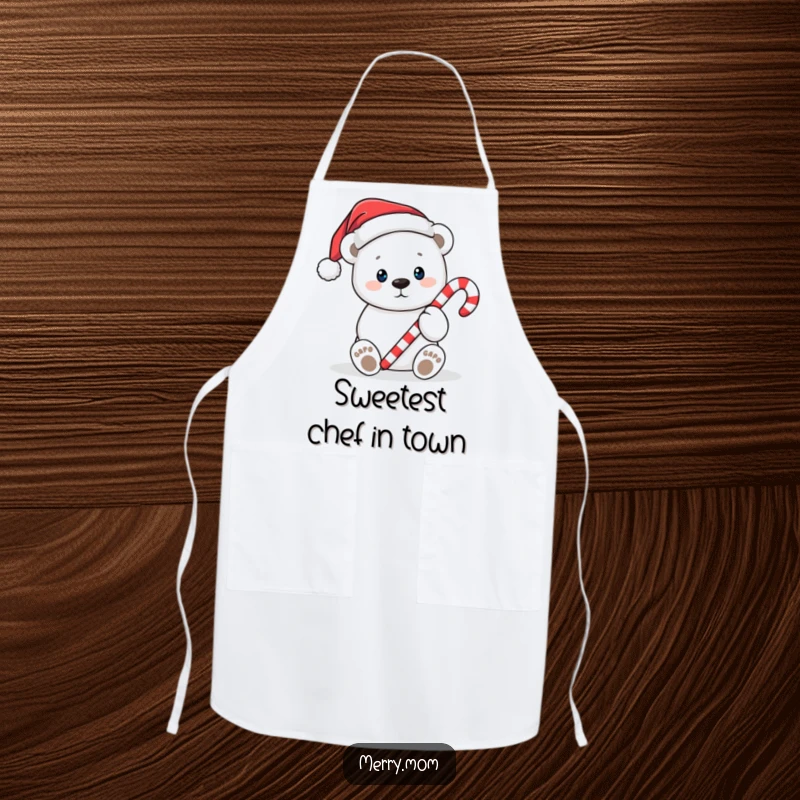 Funny Christmas apron featuring a cute polar bear in a Santa hat, holding a candy cane, ideal for festive kitchen activities.