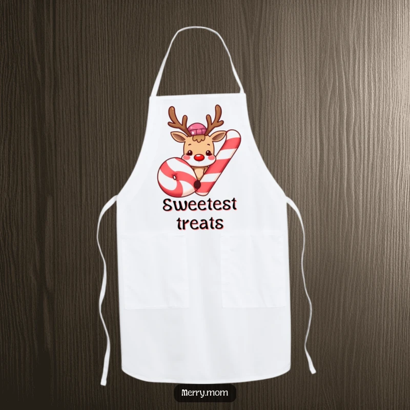 Cute smiling reindeer peeking from behind a giant candy cane on a kitchen apron, bringing humorous and holiday-themed cheer to baking tasks.