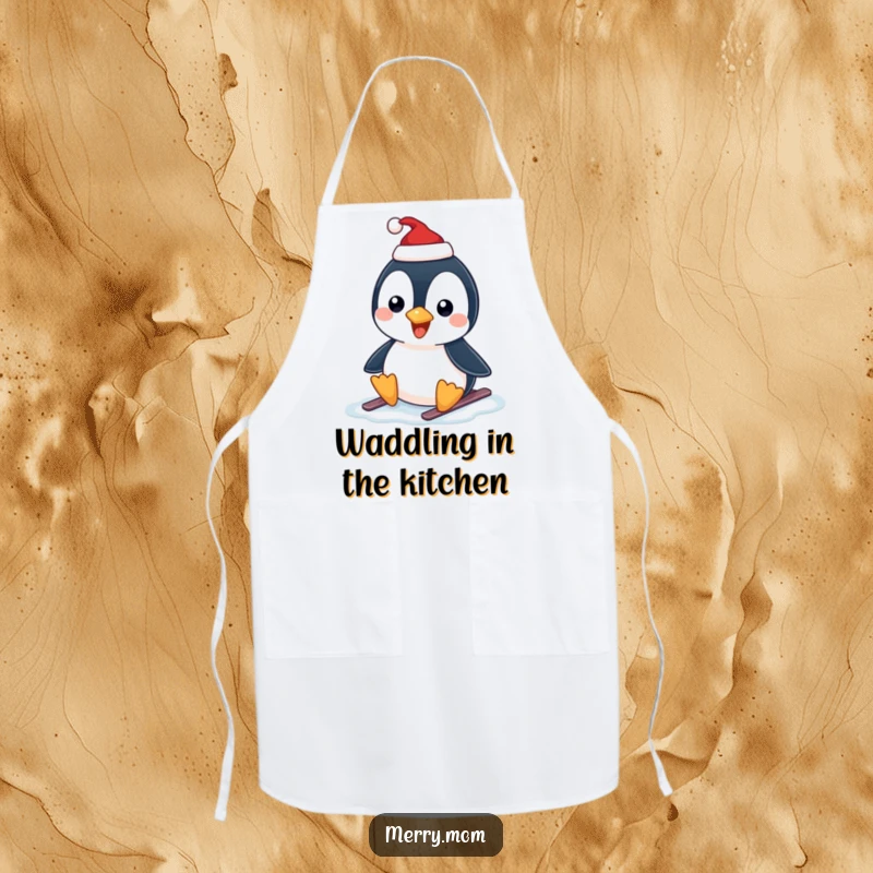 Funny apron featuring a happy penguin in a Santa hat, sliding on ice, great for holiday cooking.