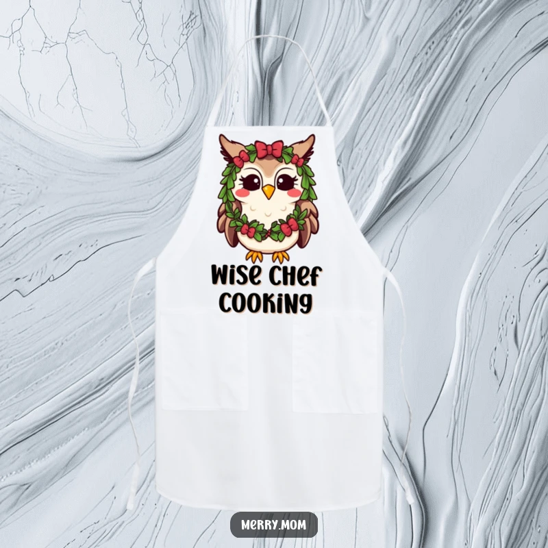 Funny Kawaii Owl Apron, perfect for holiday baking, adorned with a festive wreath and hooting happily.