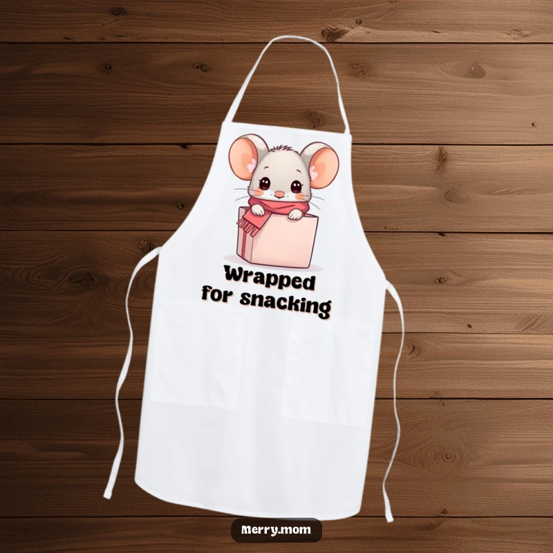 Funny kawaii mouse peeking from a gift box on a kitchen apron, adding a touch of humor to cooking.