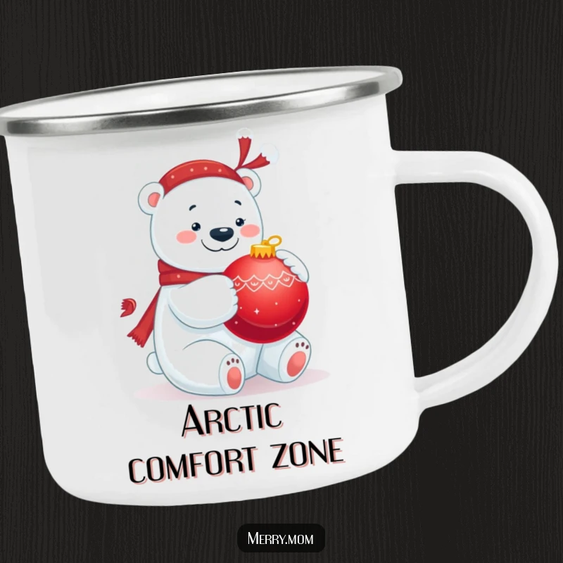 Funny camping mug with a jolly polar bear hugging a big red ornament, built for winter adventures.
