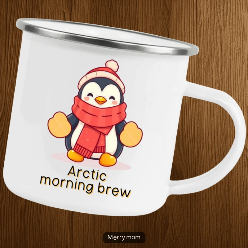 Funny Penguin Camping Mug featuring a cartoon penguin with a festive scarf and mittens, ideal for outdoor enthusiasts.