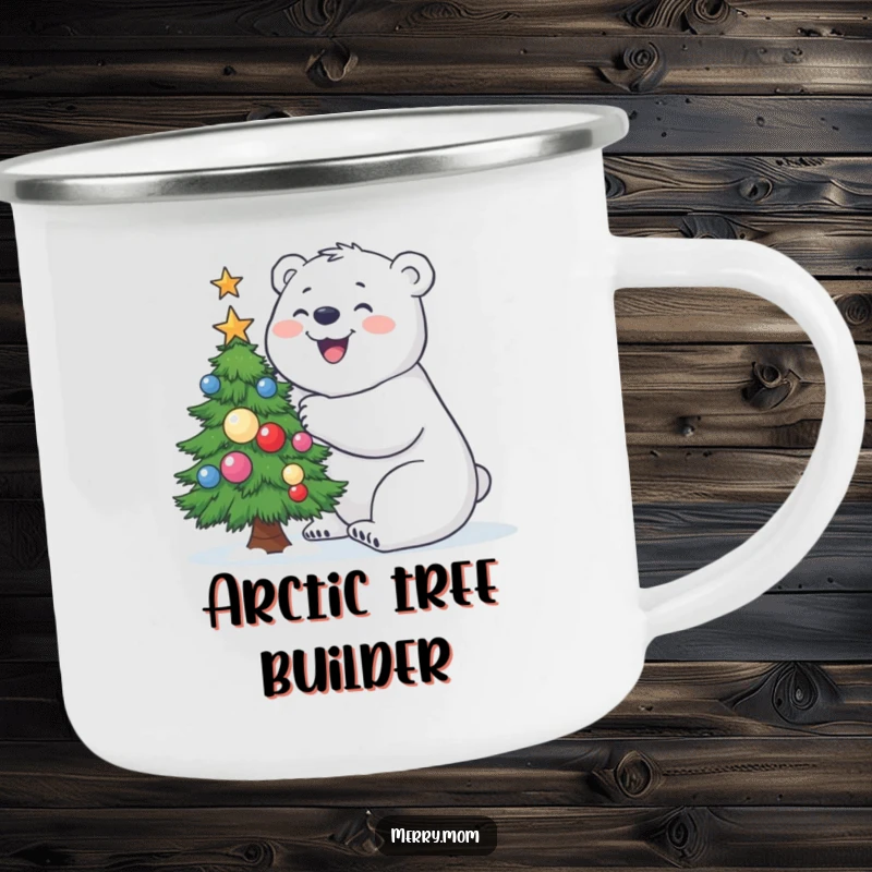 Funny Polar Bear Camping Mug featuring a joyful polar bear building a small, decorated Christmas tree, durable for outdoors.