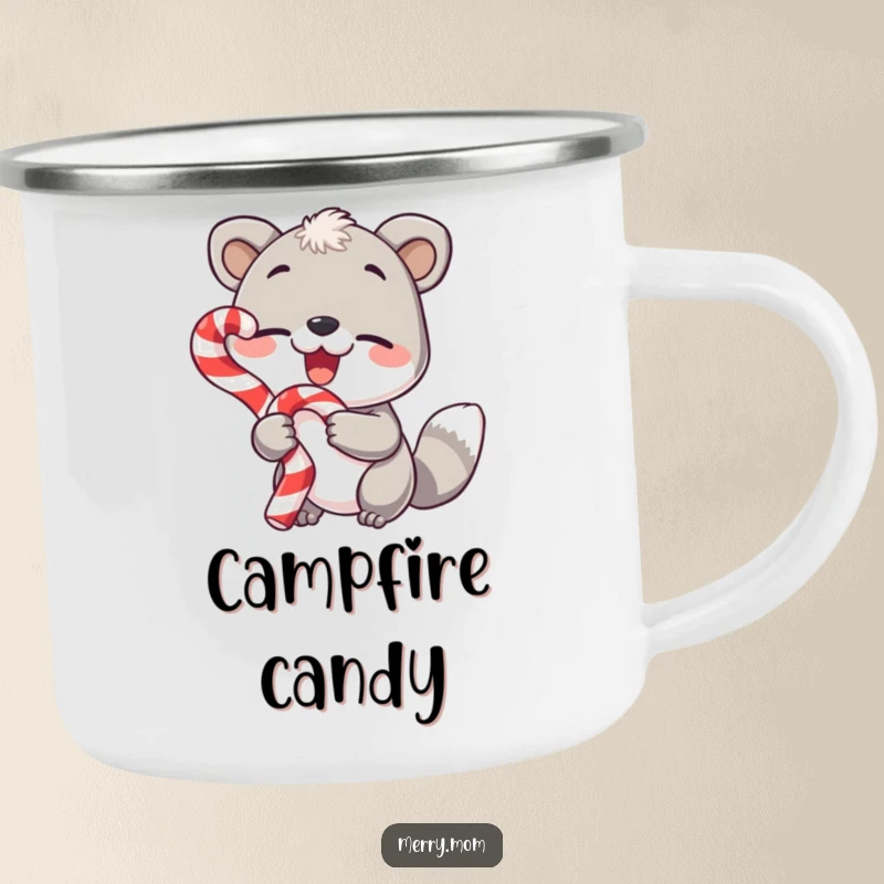 Funny enamel camping mug, animal holding candy cane and winking, festive outdoor gear.