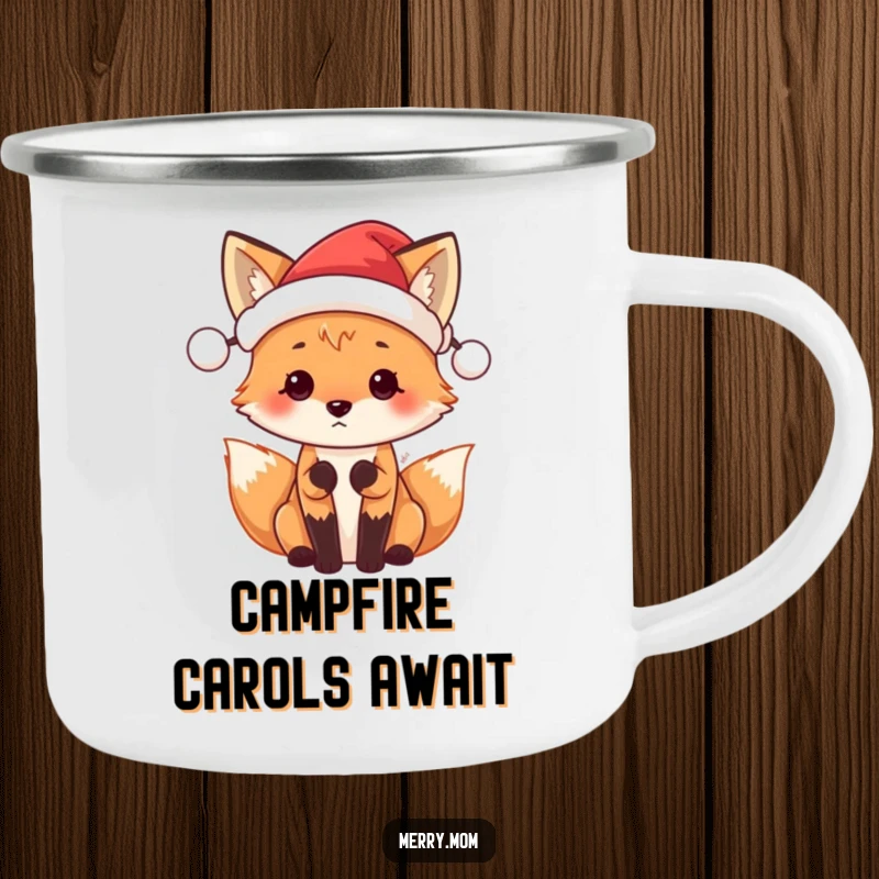 Funny Santa Fox camping mug with a cute fox in a tiny Santa hat, ready for holiday adventures.