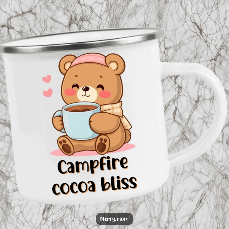 Kawaii bear mom offering a mug of cocoa, a durable and humorous camping mug for cozy outdoor enjoyment.