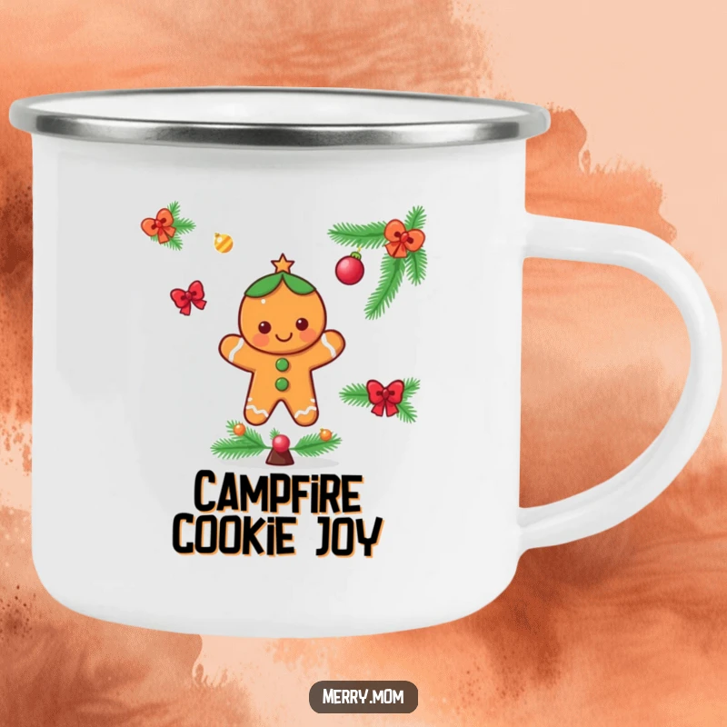 Funny camping mug featuring a cheerful gingerbread man character decorating a festive Christmas tree, perfect for holiday outdoor enjoyment.