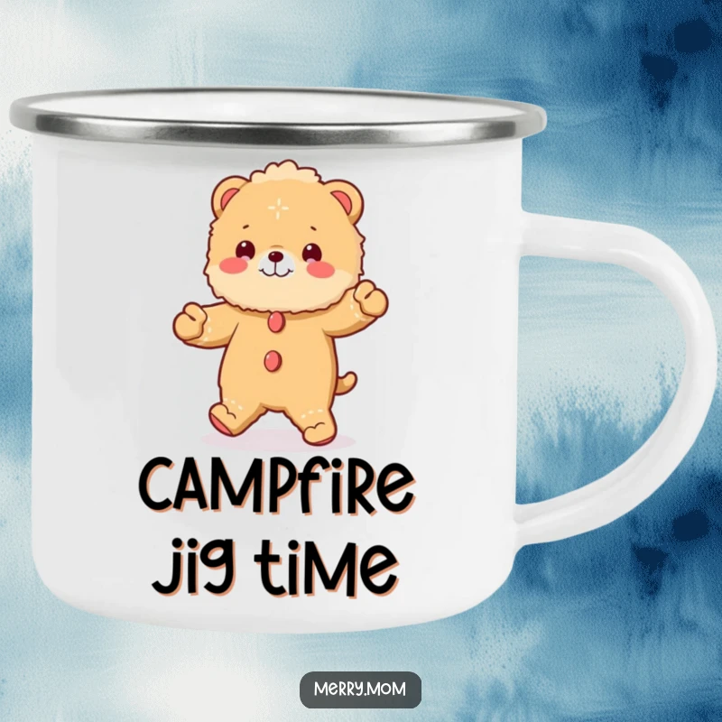 Funny camping mug featuring a fluffy animal in a gingerbread costume doing a jig, perfect for festive trips.