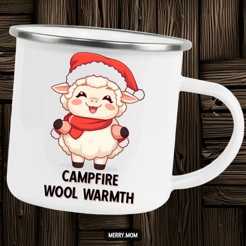 Funny camping mug with a fluffy sheep dressed as Mrs. Claus, beaming with joy for outdoor enthusiasts.
