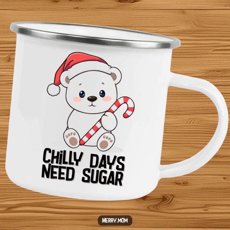 Funny Christmas camping mug showing a cute polar bear in a Santa hat, offering a candy cane, designed for outdoor holiday enjoyment.