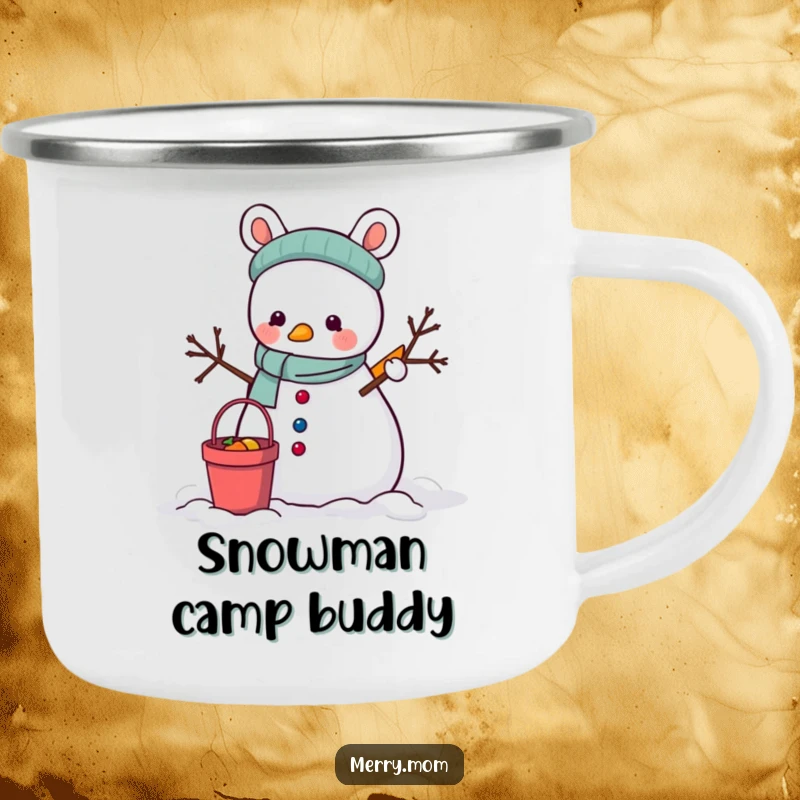 Funny Camping Mug: An animal building a snowman with a bucket and carrot, ideal for winter outdoor drinks.